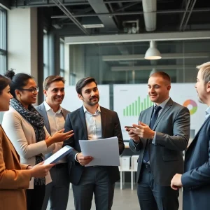 Professionals discussing energy savings strategies in an office