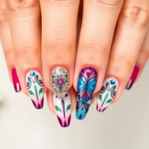 Vibrant Russian manicured nails with intricate designs