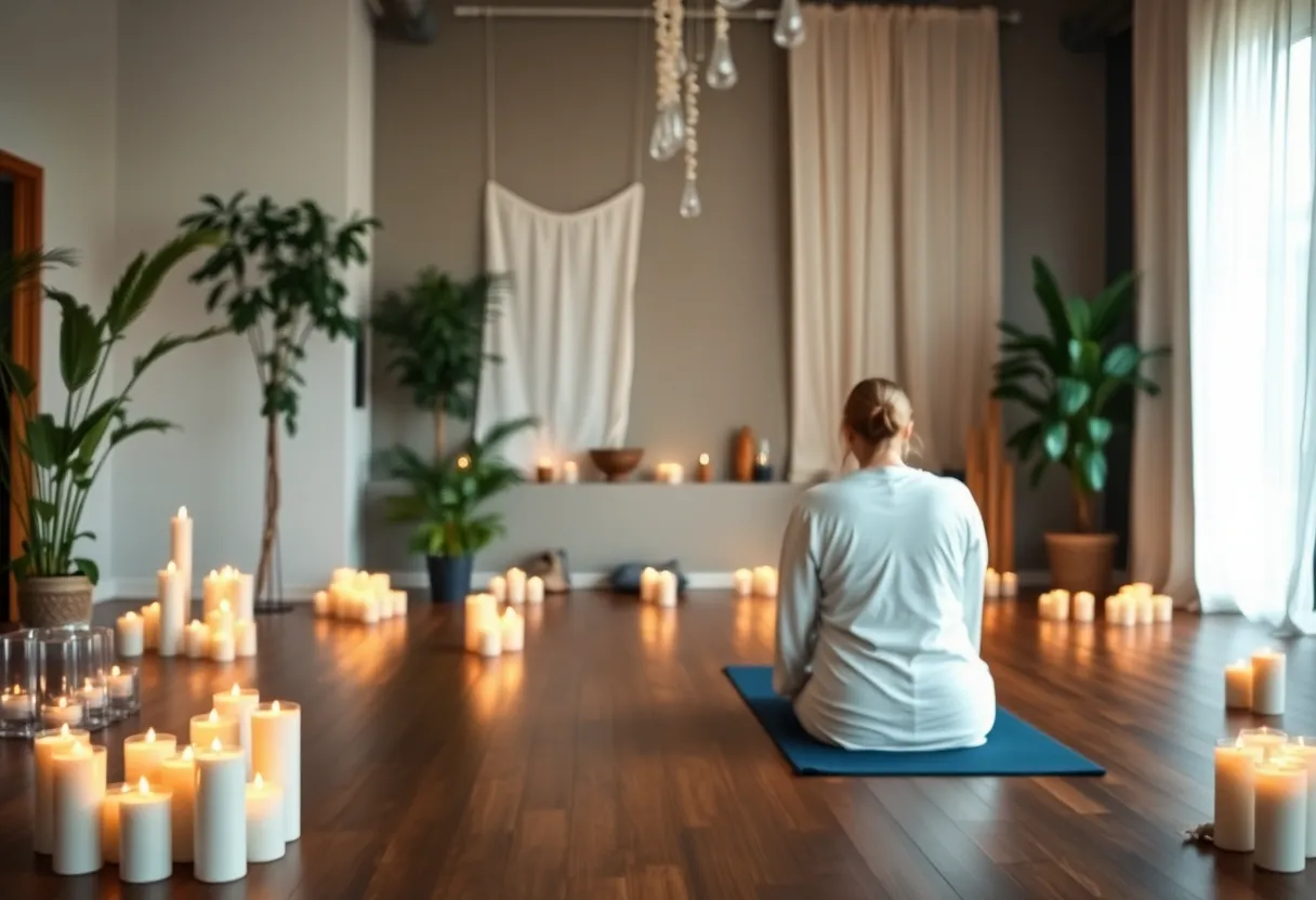 A peaceful yoga studio with candles and plants, symbolizing community support and remembrance.