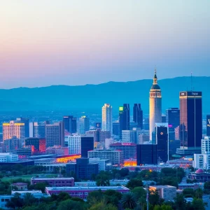 Digital representation of cryptocurrencies over Arizona cityscape