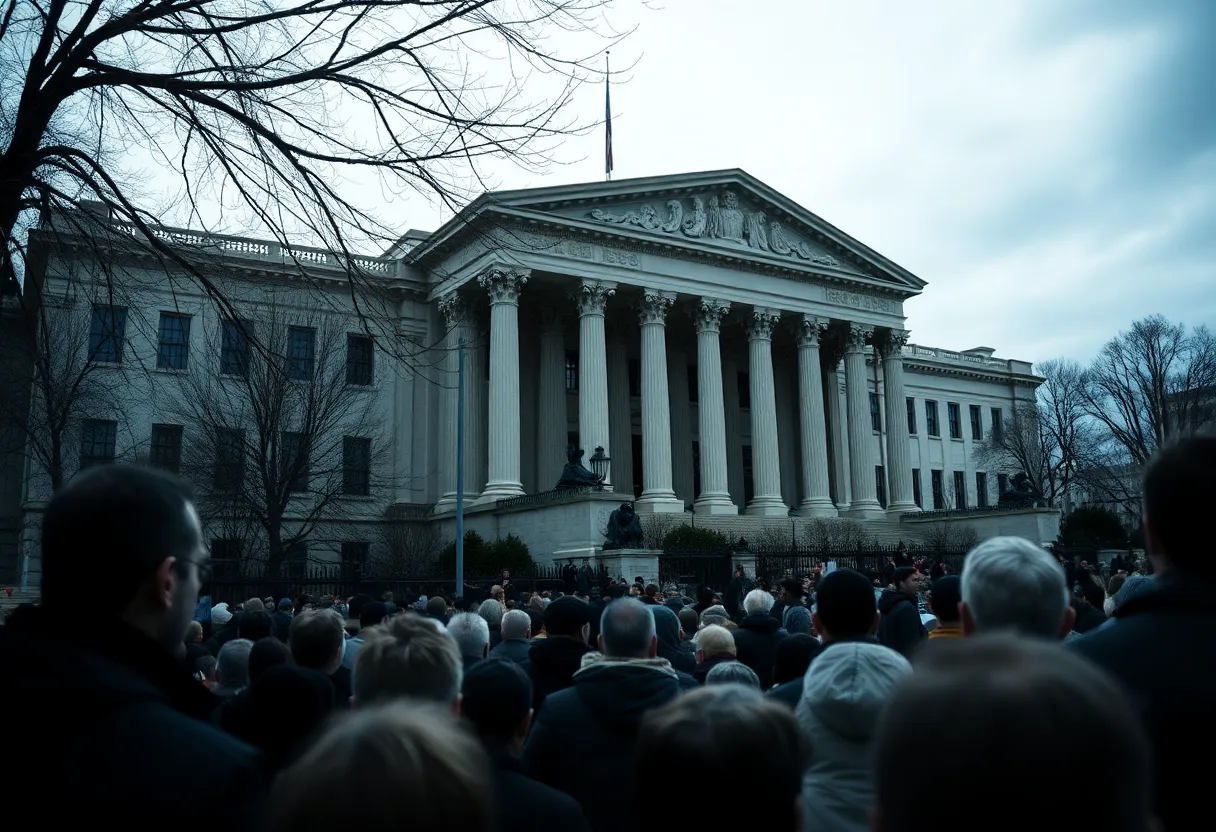 Exterior of Arizona government building with concerned citizens