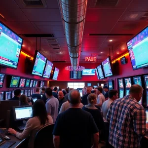 A busy sports betting venue in Arizona filled with screens and bettors.