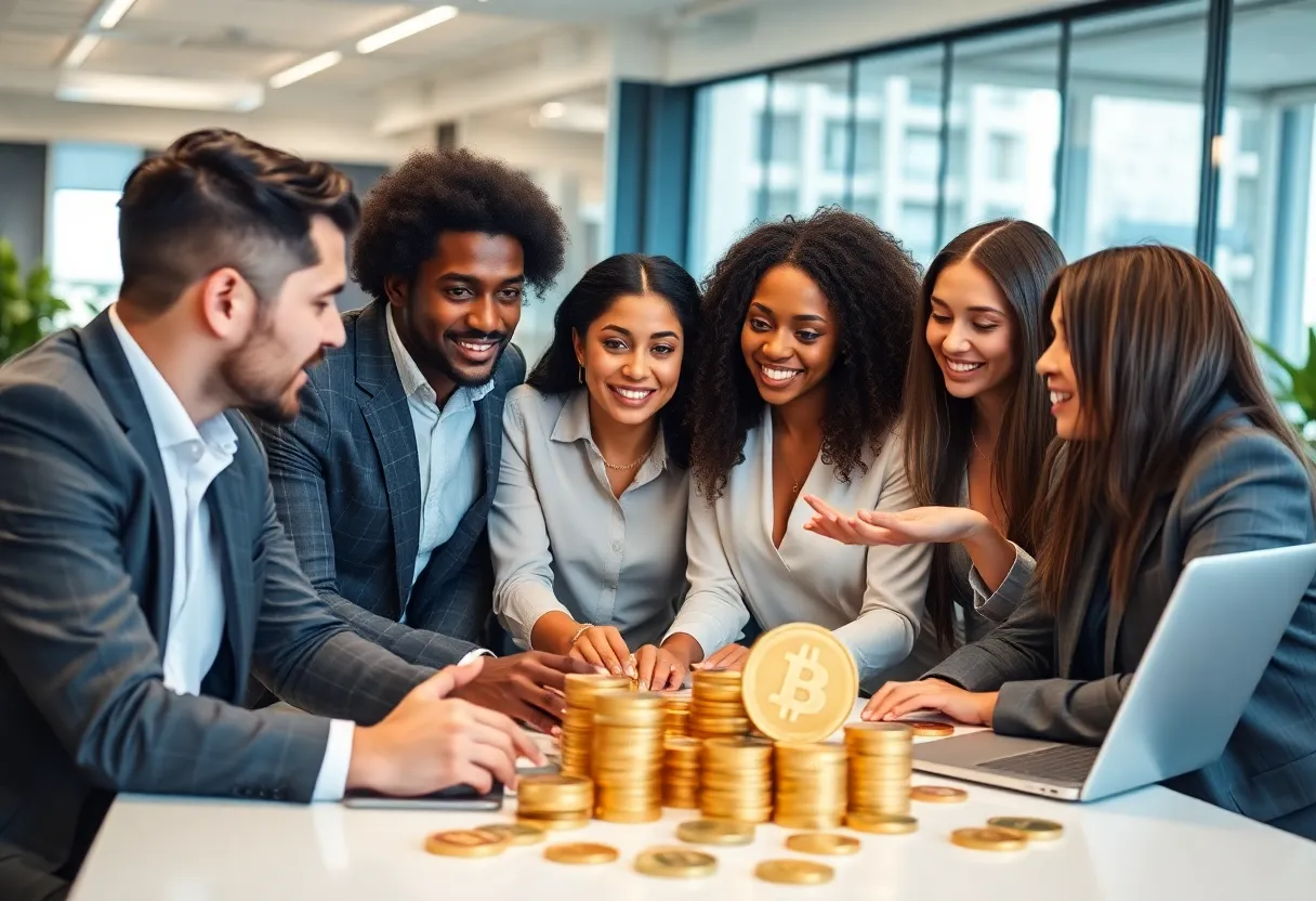 Professionals discussing cryptocurrency in a modern office
