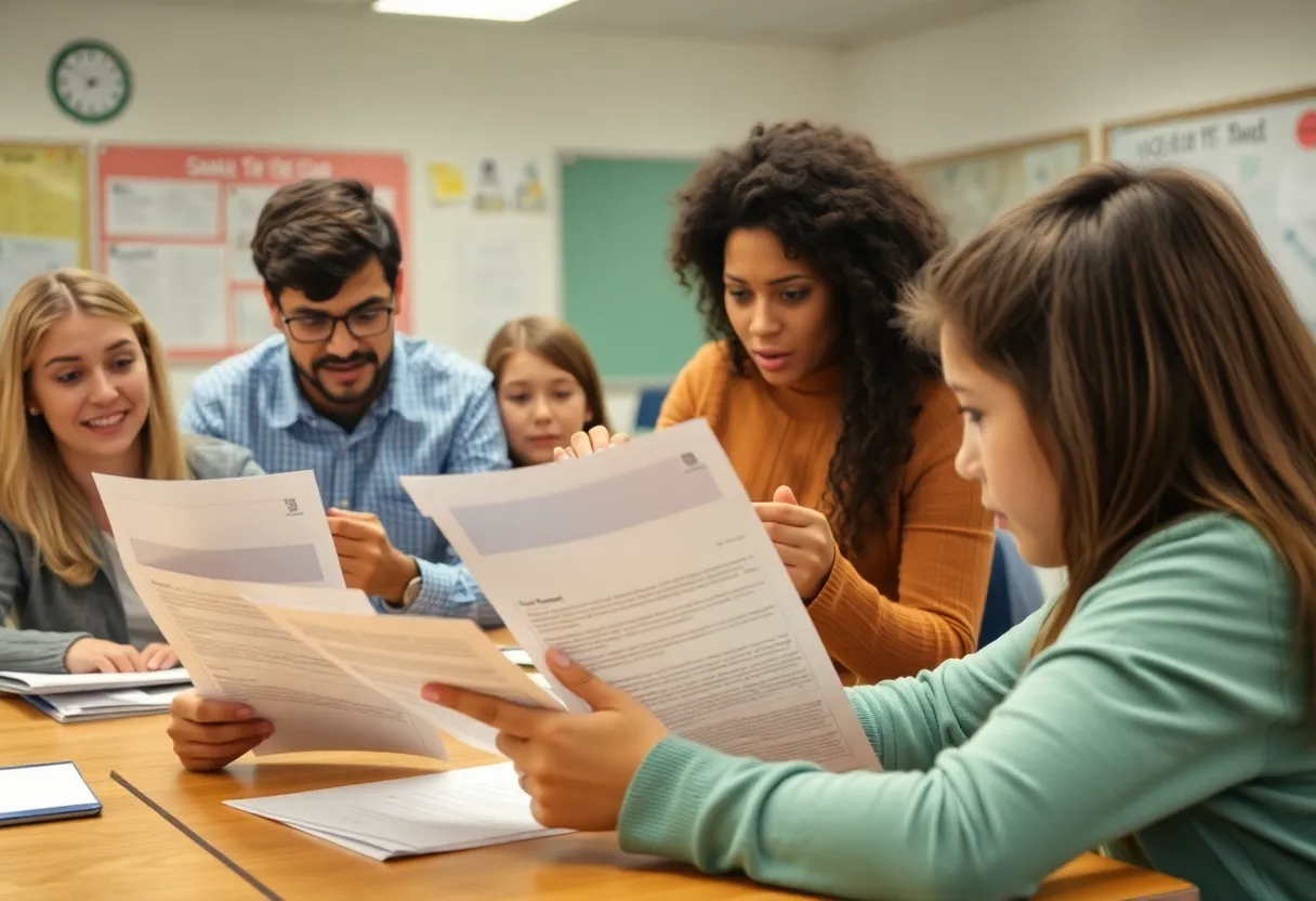 Educators and students perplexed by DEI compliance paperwork in a classroom