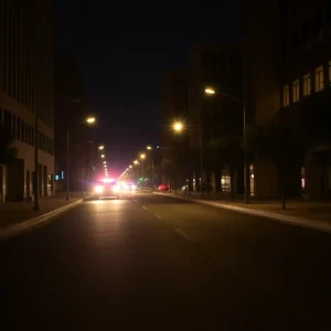 Police lights illuminating a dark street in downtown Phoenix