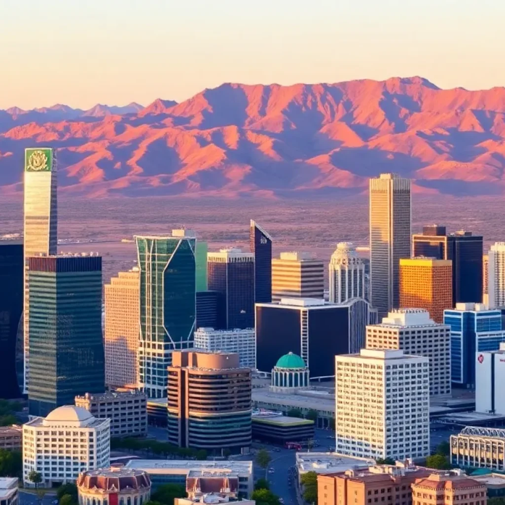 A panoramic view of Greater Phoenix showcasing its business districts with desert backdrop.