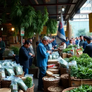 Hemp products displayed at a market with a tense atmosphere