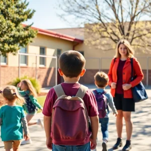 Students playing outside at school with a concerned teacher overseeing, symbolizing safety measures.