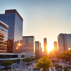 A bustling corporate landscape in Phoenix, Arizona with modern buildings under a clear blue sky.