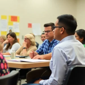 Community members discussing school district leadership changes