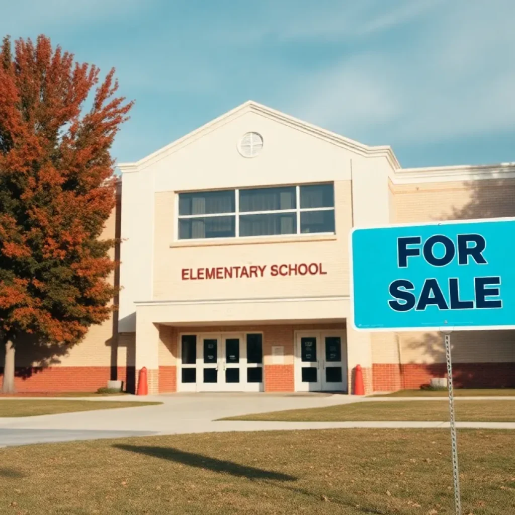Exterior view of an empty elementary school with foliage