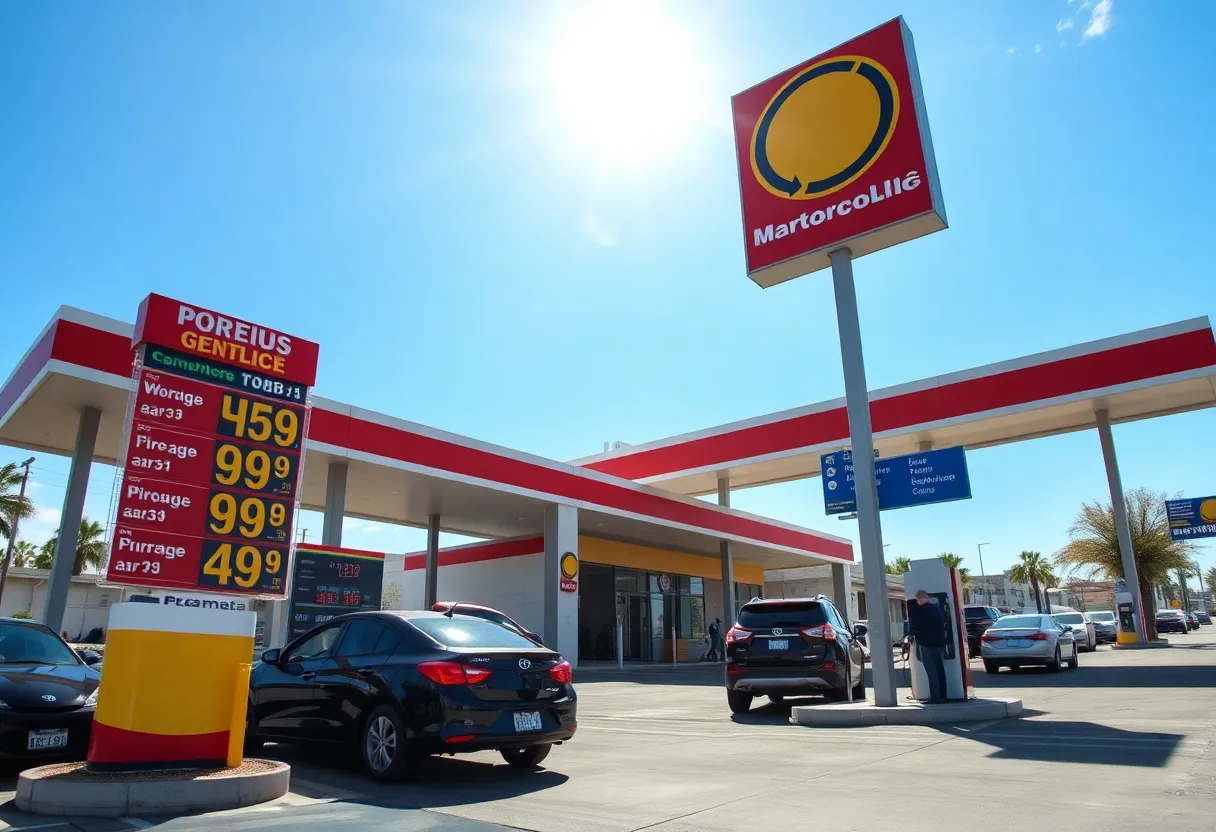 Gas station signs showing low prices in Phoenix under sunny weather.
