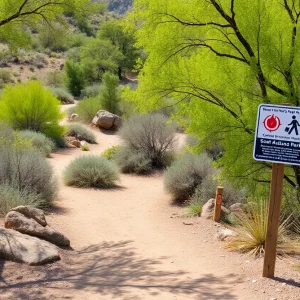 Safety signs on a hiking trail in Phoenix during summer