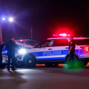 Police vehicle involved in a collision surrounded by emergency lights.