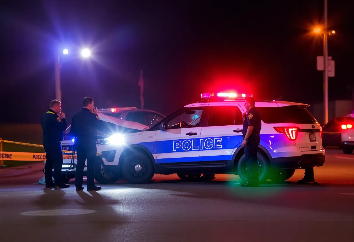 Police vehicle involved in a collision surrounded by emergency lights.