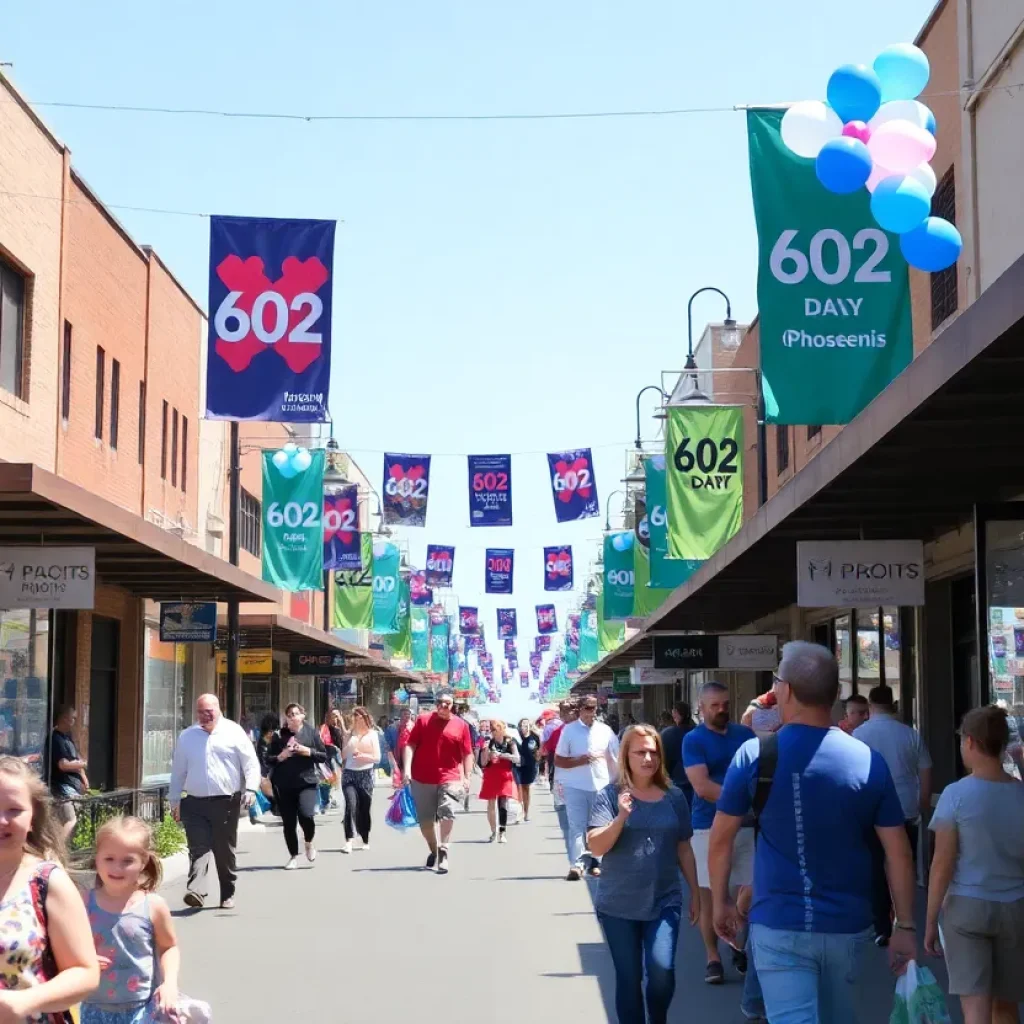 A street filled with people celebrating 602 Day in Phoenix with local businesses offering discounts.