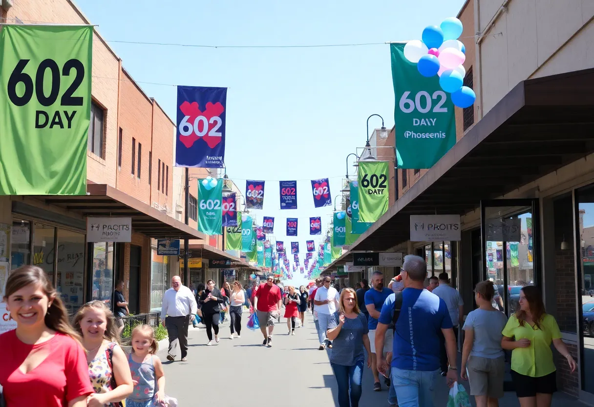 A street filled with people celebrating 602 Day in Phoenix with local businesses offering discounts.