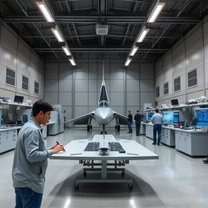 A modern aerospace and defense training center with students learning hands-on skills.