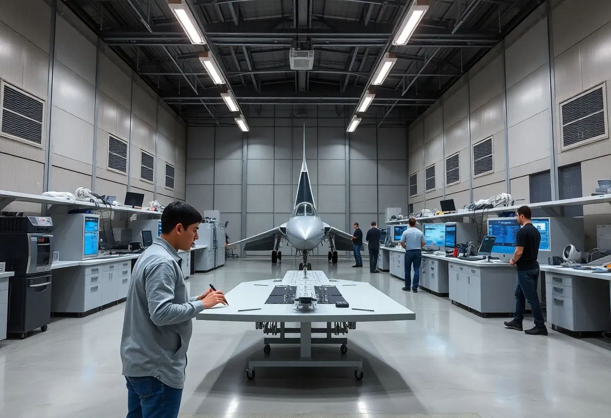 A modern aerospace and defense training center with students learning hands-on skills.