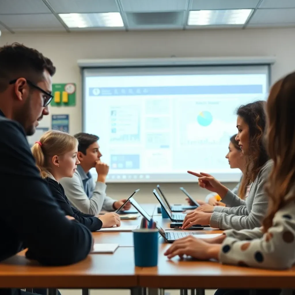 Students engaged in collaborative learning with technology in a classroom setting