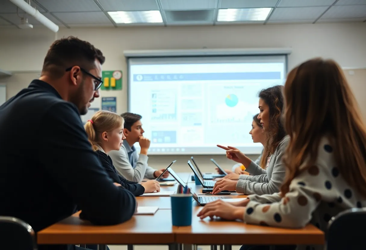 Students engaged in collaborative learning with technology in a classroom setting
