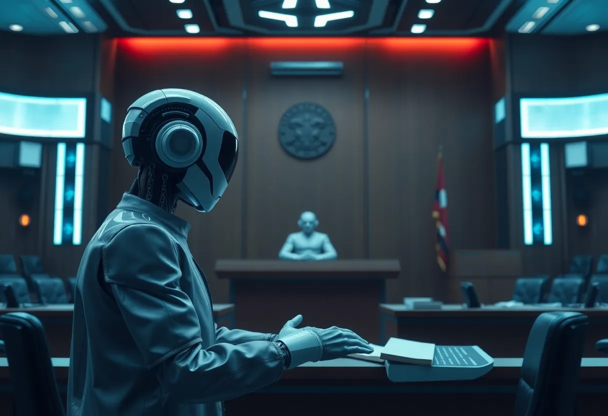 AI representation expressing forgiveness in a courtroom setting