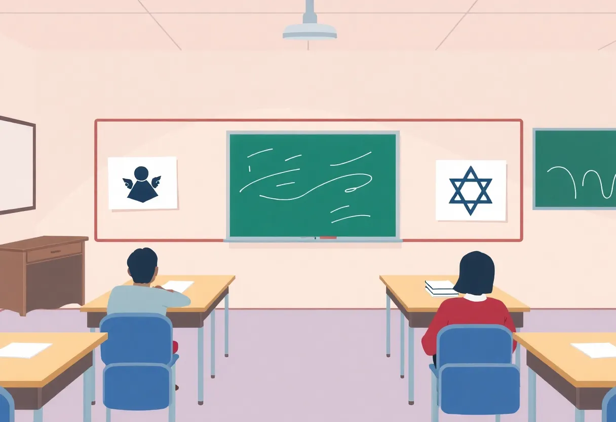 Illustration of a classroom divided over antisemitism education policies