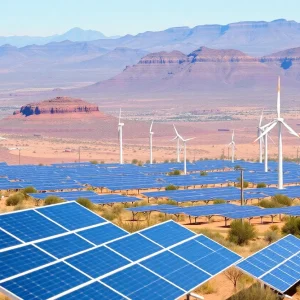 Solar panels and wind turbines in Arizona with a sunset backdrop