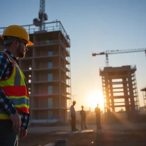 Workers at construction site in Arizona at sunrise