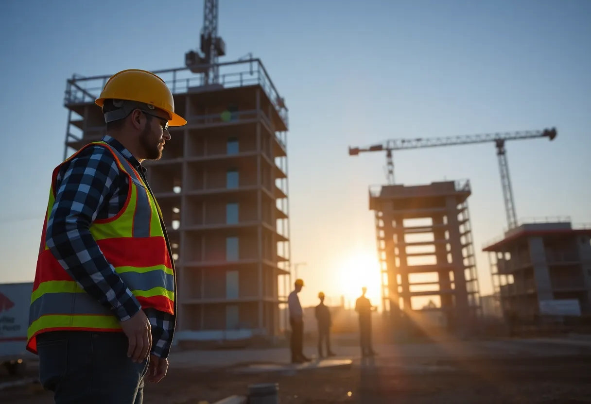 Workers at construction site in Arizona at sunrise