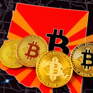 Arizona state flag and Bitcoin symbols representing the cryptocurrency veto.