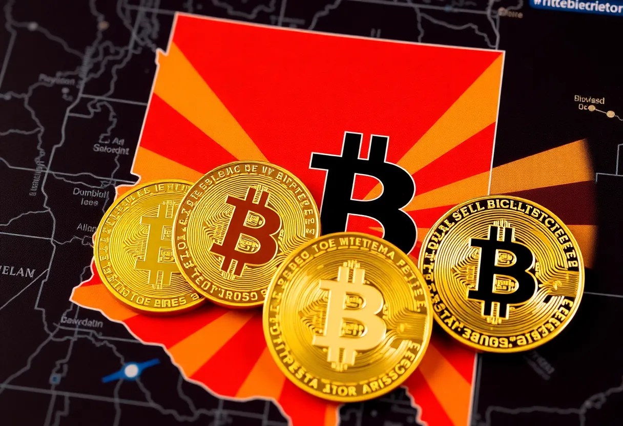 Arizona state flag and Bitcoin symbols representing the cryptocurrency veto.