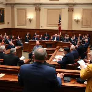 Arizona lawmakers discussing legislation in a capitol building.