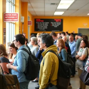 A busy motor vehicle division office in Arizona with residents applying for Real IDs.