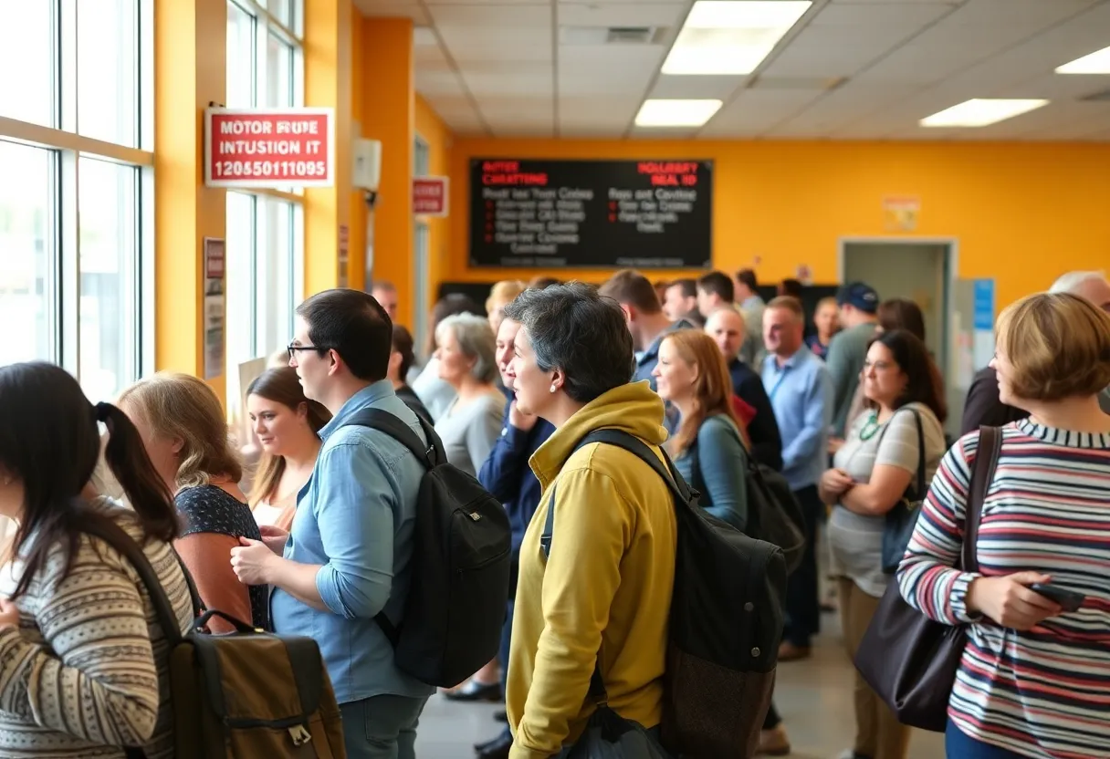 A busy motor vehicle division office in Arizona with residents applying for Real IDs.
