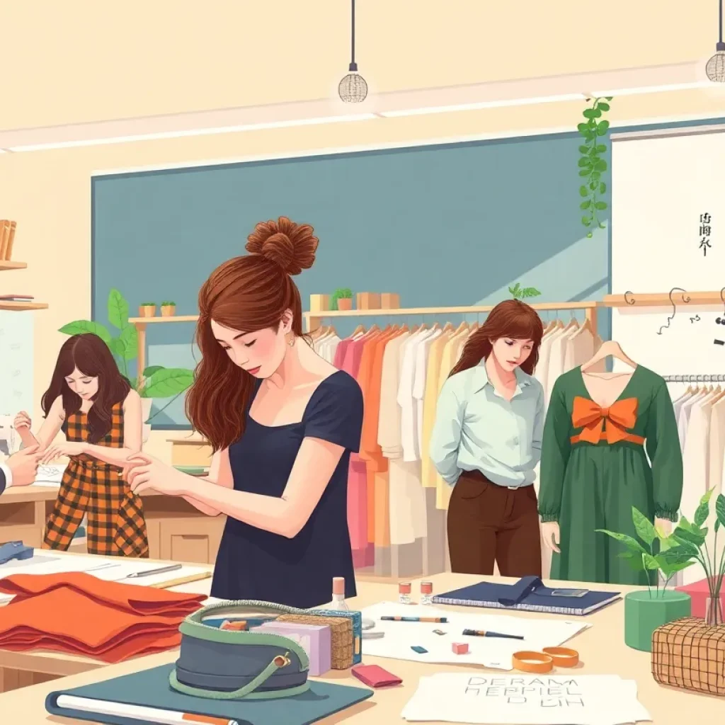 Students working on sustainable fashion designs in a classroom