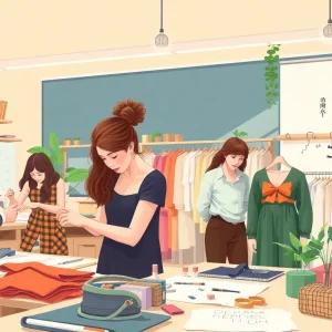 Students working on sustainable fashion designs in a classroom