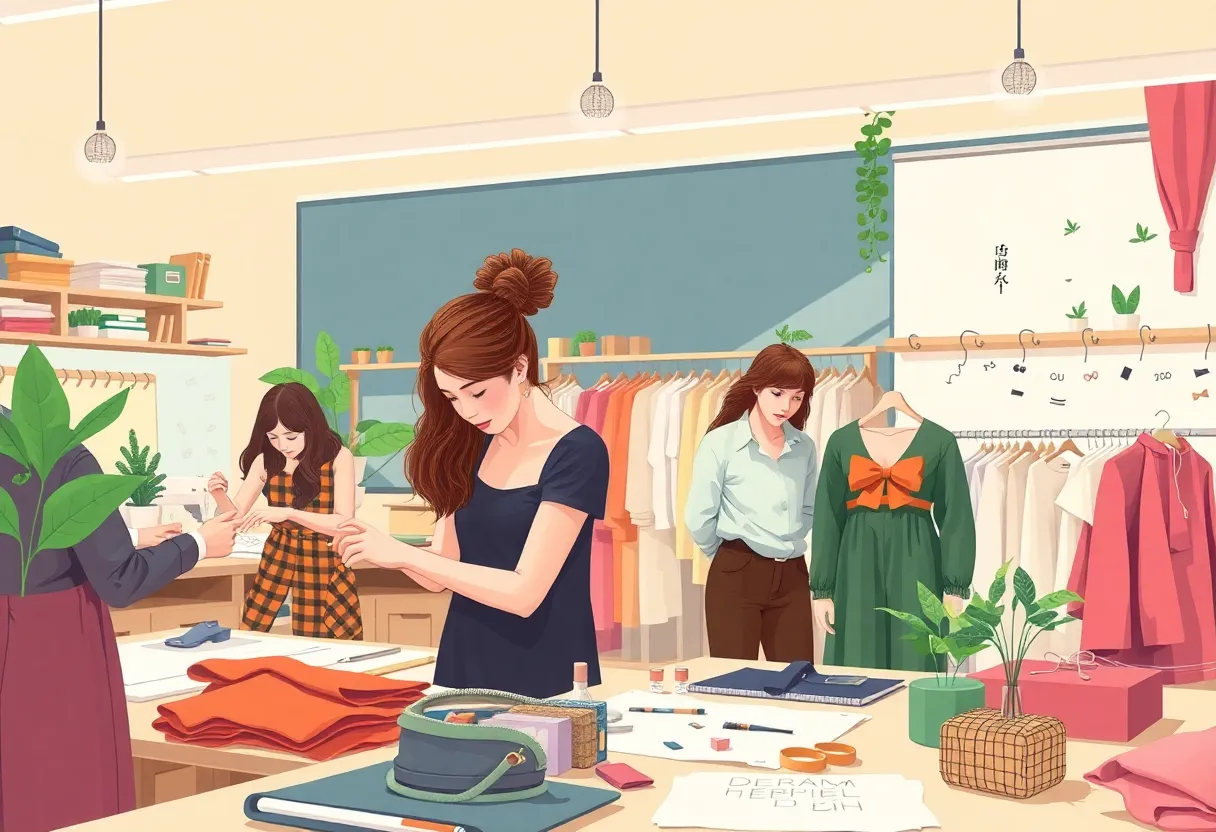 Students working on sustainable fashion designs in a classroom
