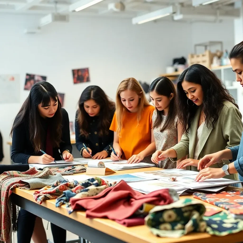 Students collaborating on sustainable fashion design in a classroom at ASU FIDM.