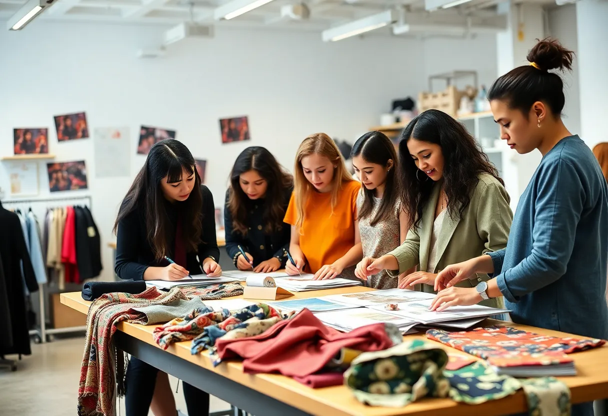 Students collaborating on sustainable fashion design in a classroom at ASU FIDM.