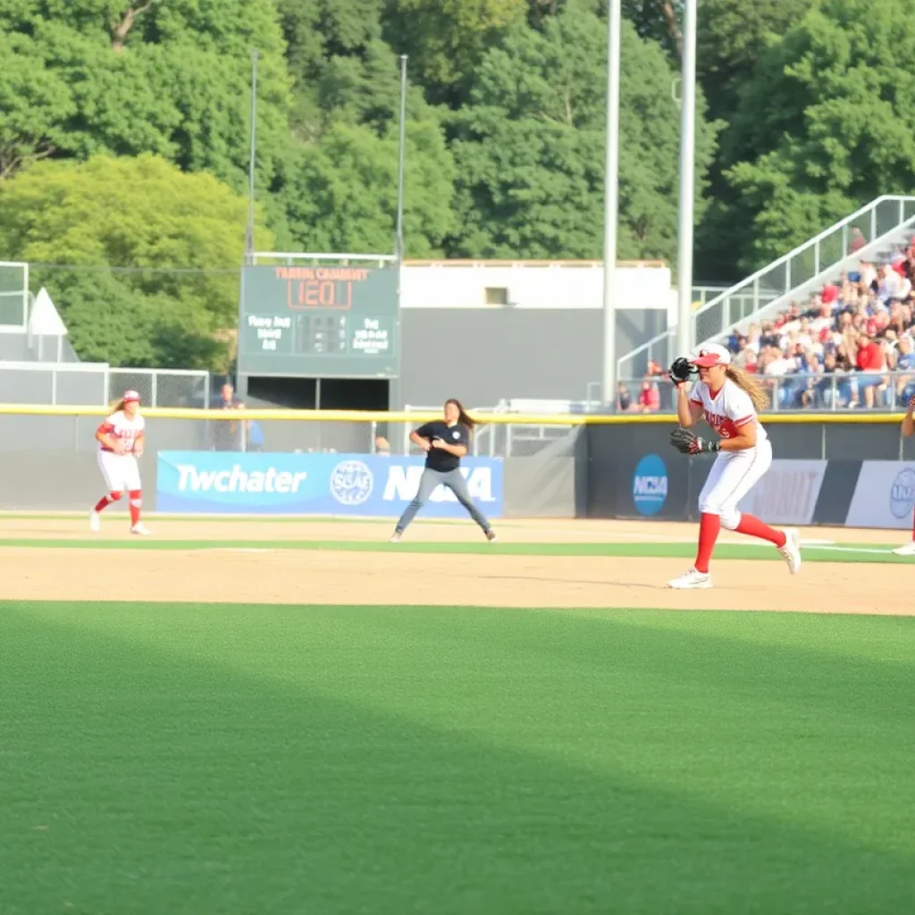 Softball field with teams in action during NCAA tournament