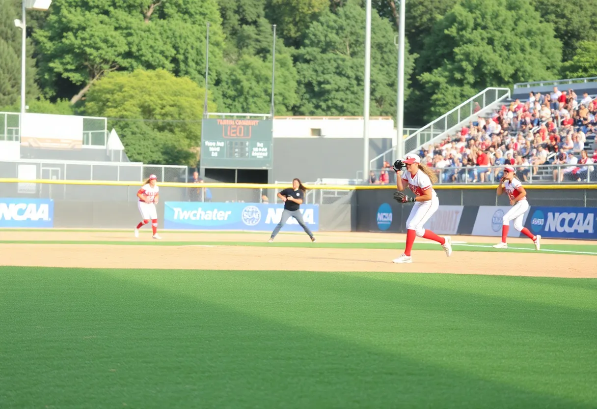 Softball field with teams in action during NCAA tournament