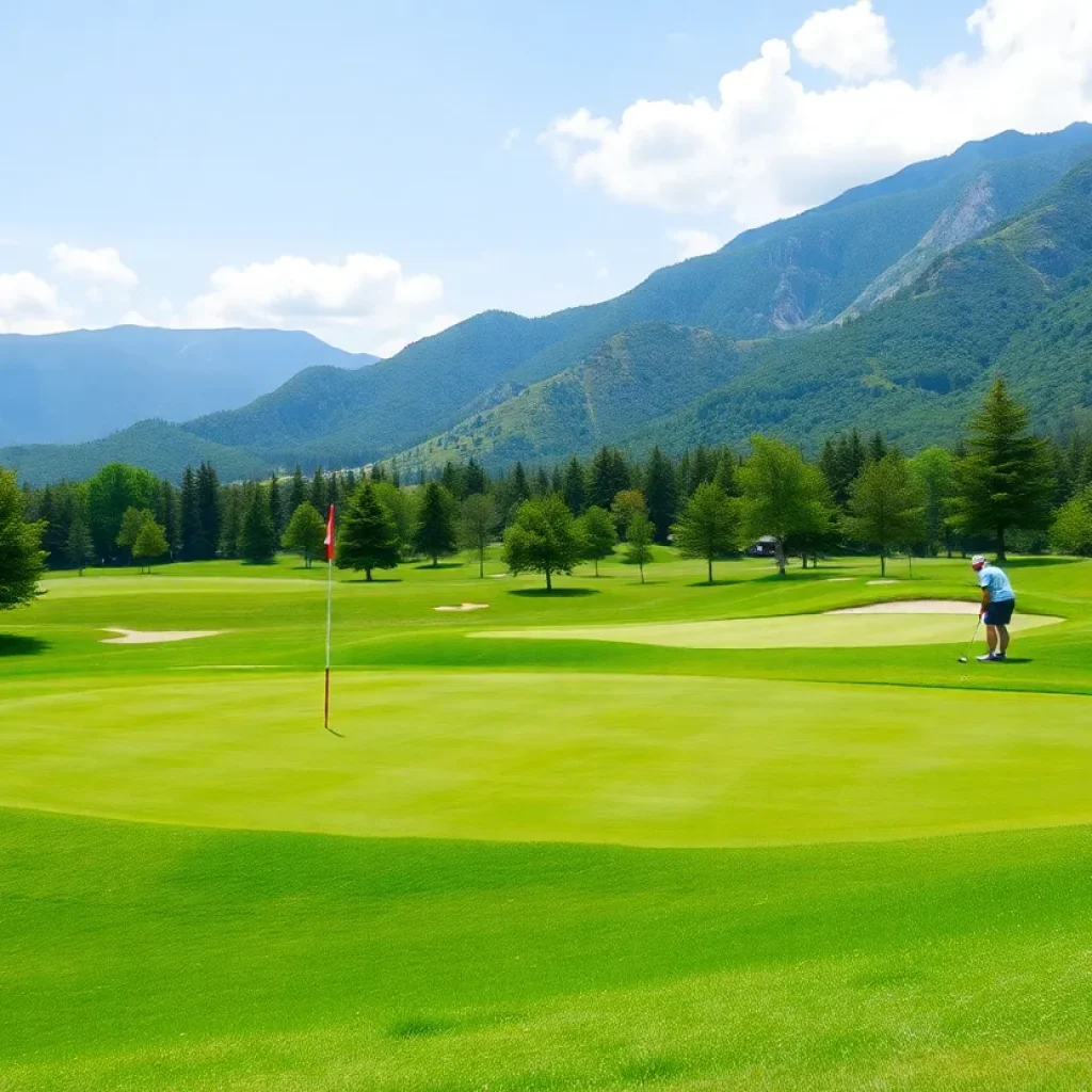 Golf course view with players and mountains
