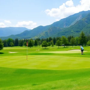 Golf course view with players and mountains