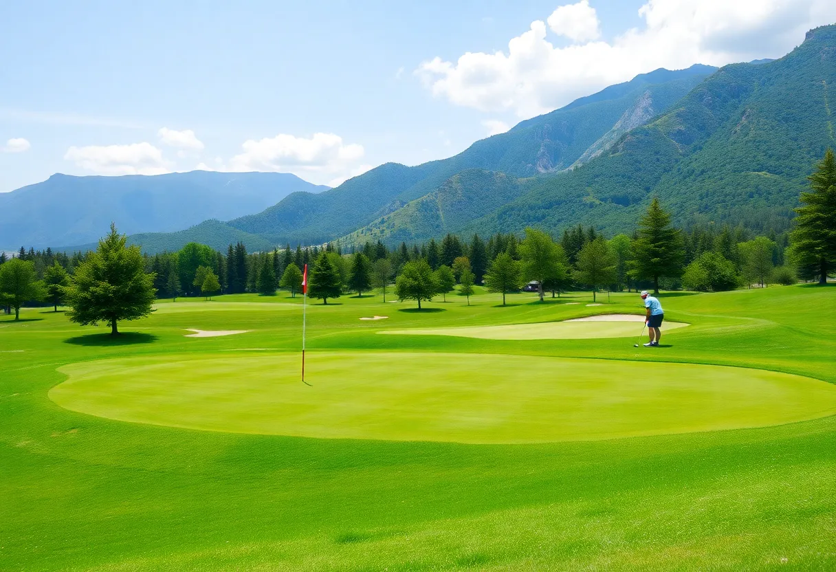 Golf course view with players and mountains
