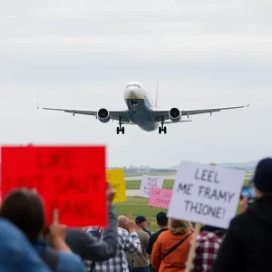 Protesters demonstrating against Avelo Airlines deportation flights