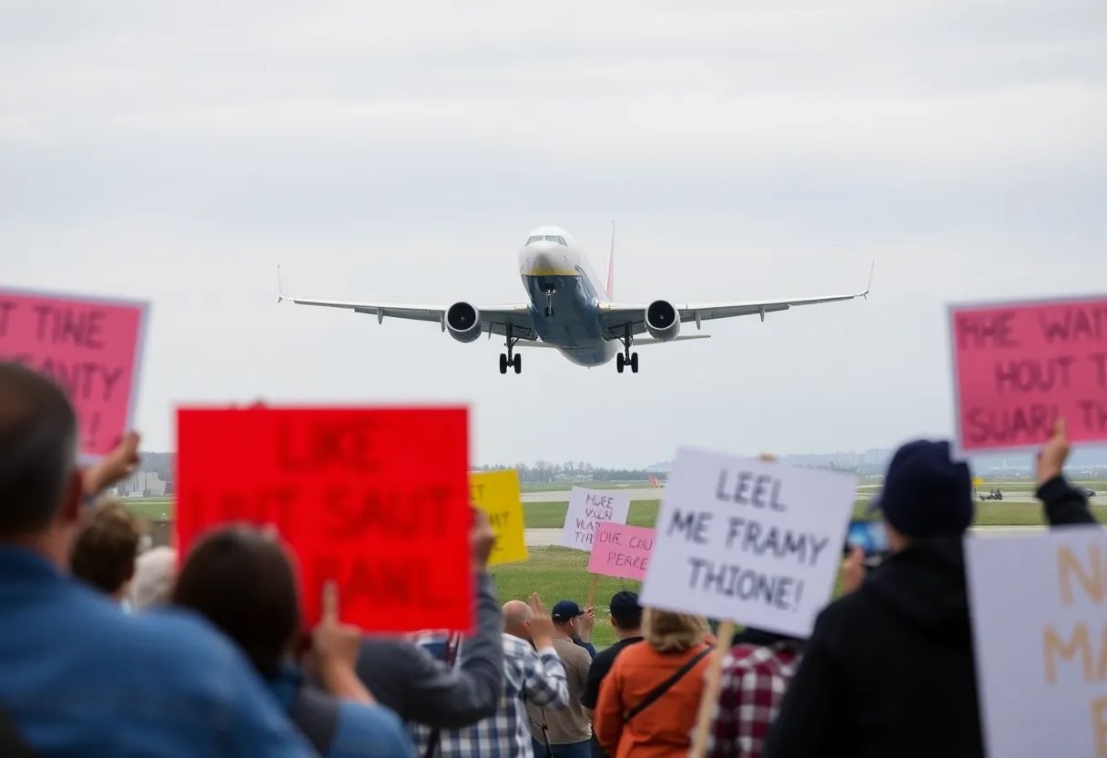 Protesters demonstrating against Avelo Airlines deportation flights