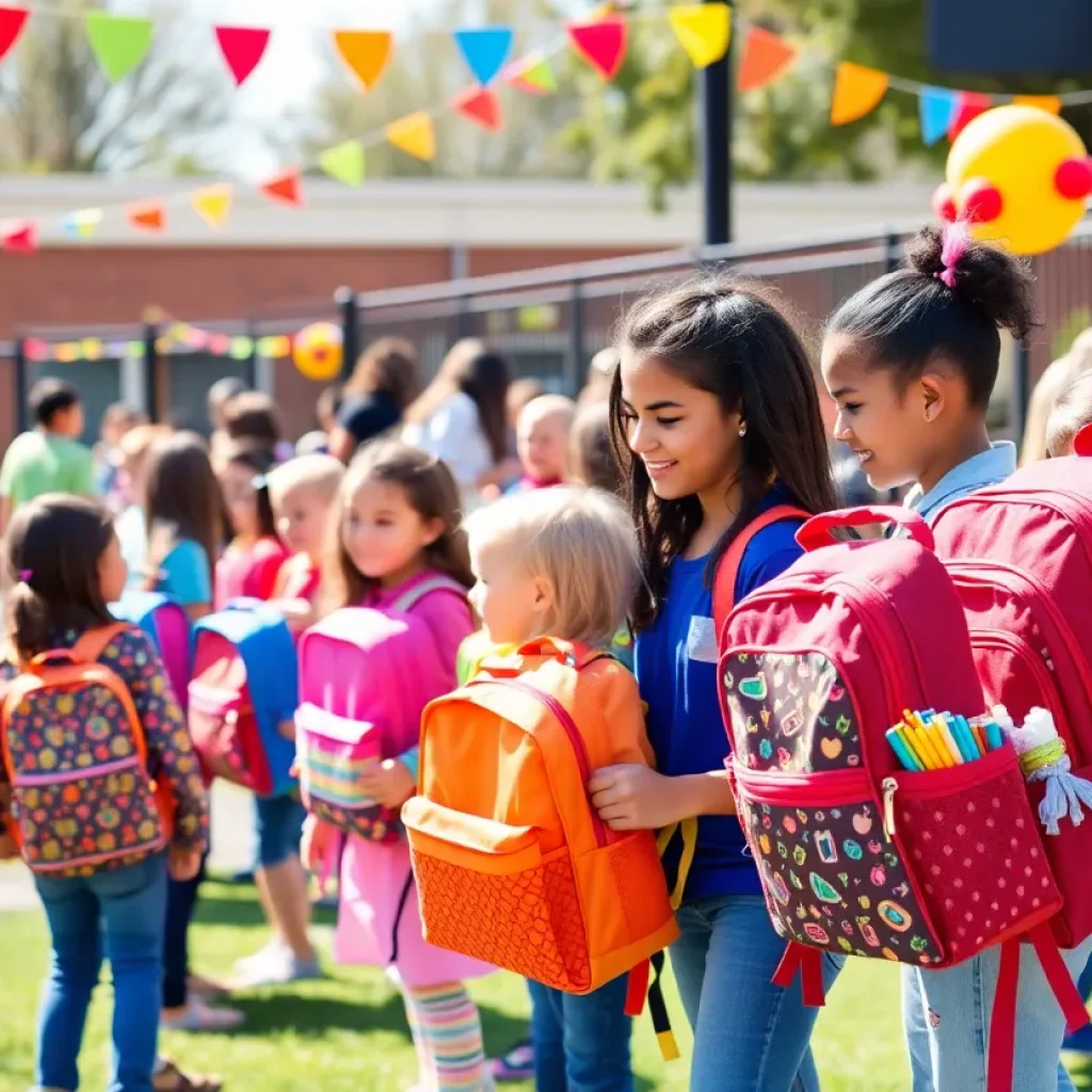 Children receiving backpacks filled with school supplies at a community event