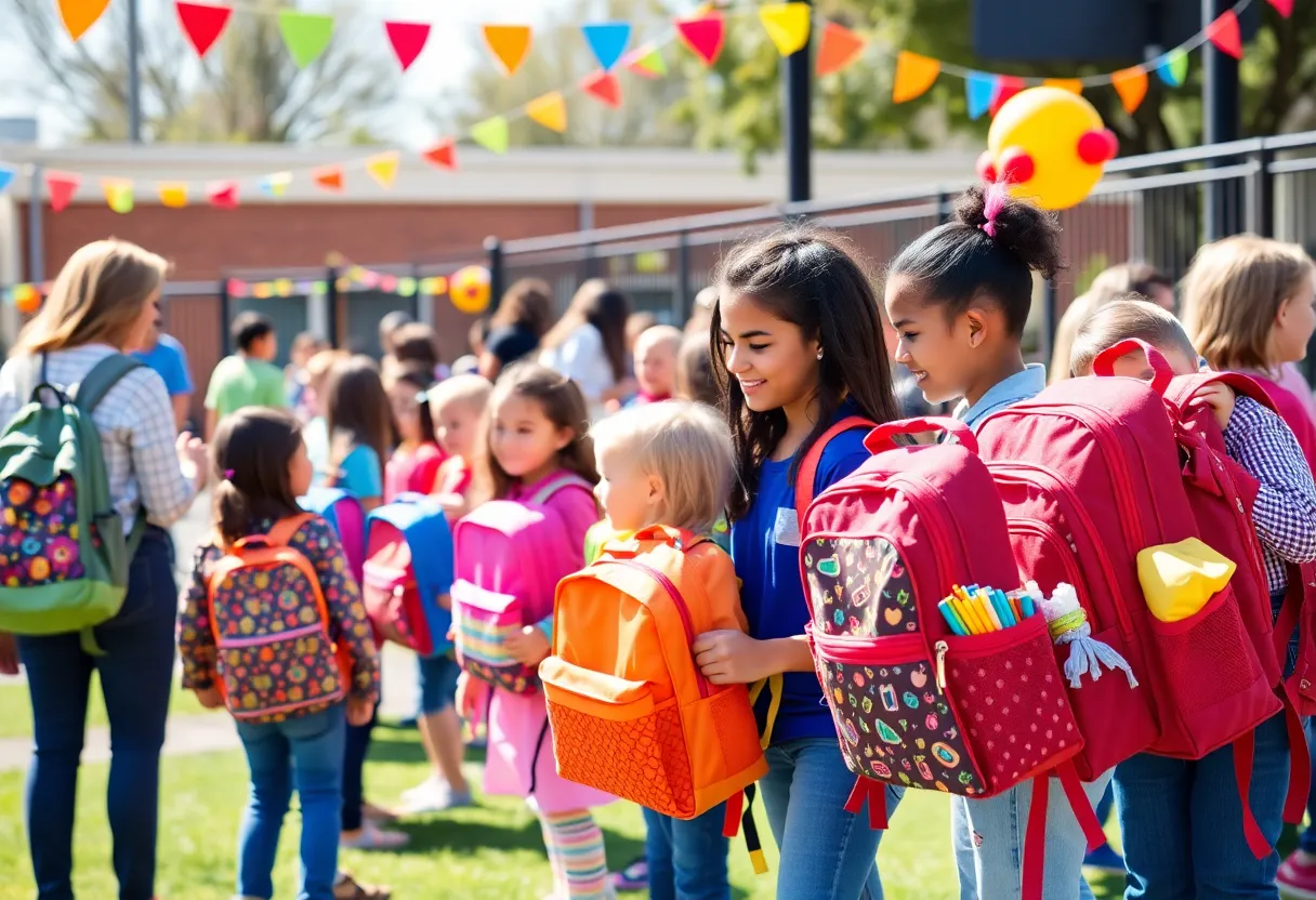 Children receiving backpacks filled with school supplies at a community event