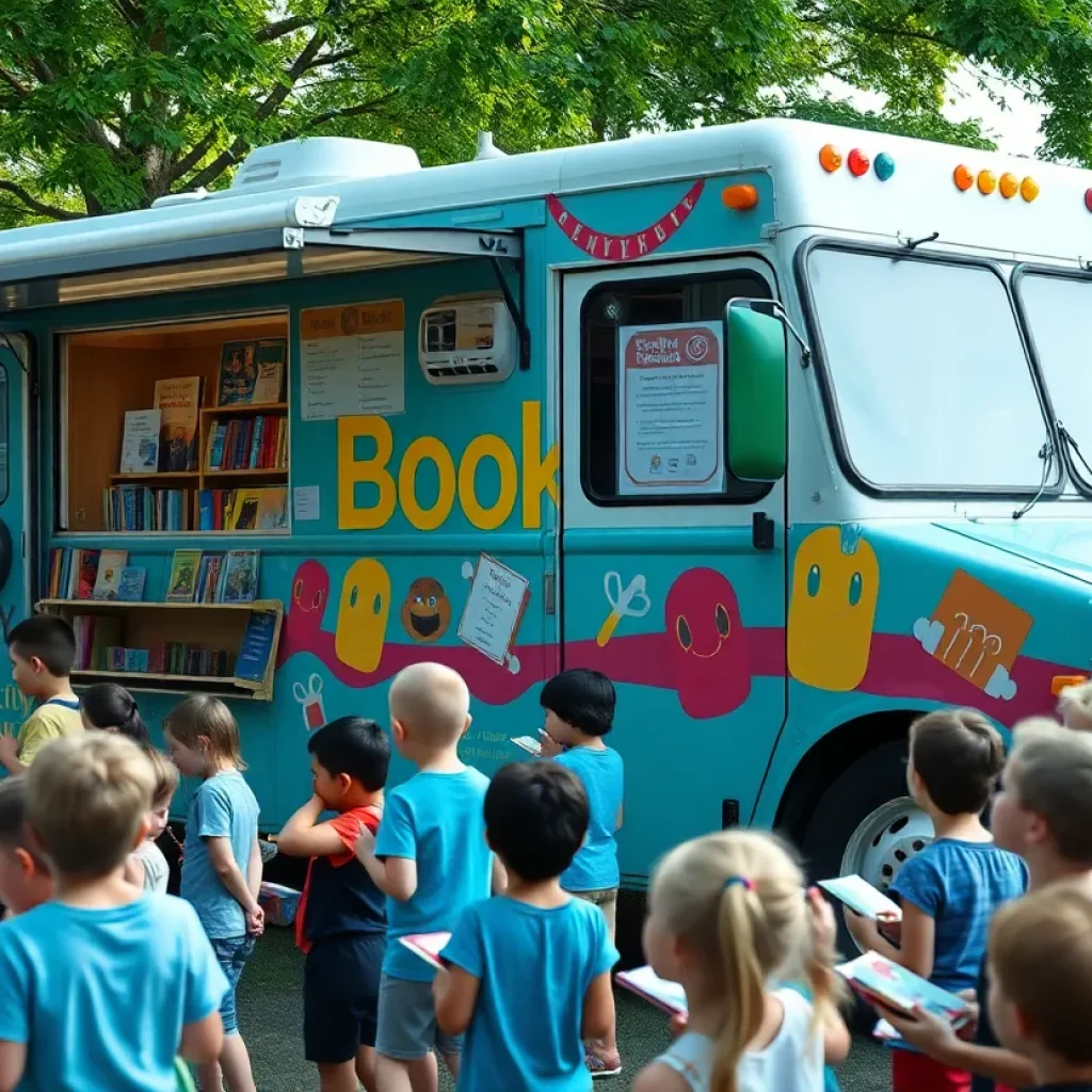 Children exploring books at the Barrio Bookmobile